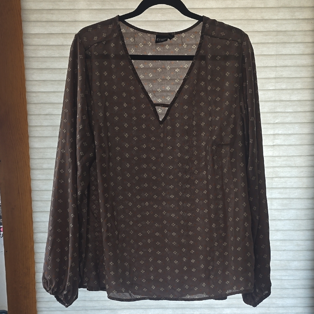 Elegant Sheer V-Neck Blouse - Brown